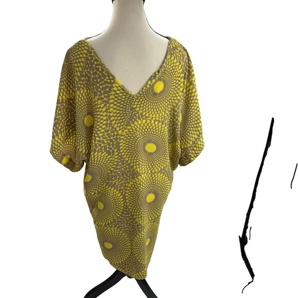 Rachel Roy Womens M Yellow Brown Geometric Print V Neck Kimono Sleeve Dress - Picture 5 of 7